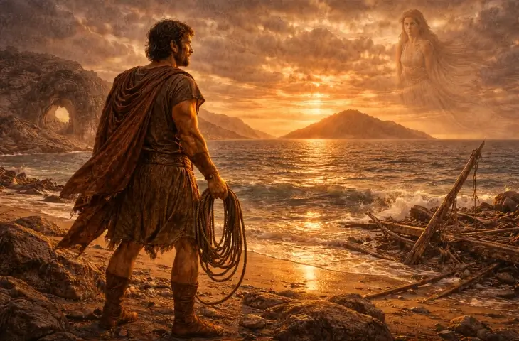 Odysseus’un uzun yolculuğun sonunda deniz kıyısında durup ufka baktığı mitolojik sahne; gün batımı, dalgalar ve gökyüzünde beliren tanrısal figür hikâyenin tamamlanışını simgeliyor.